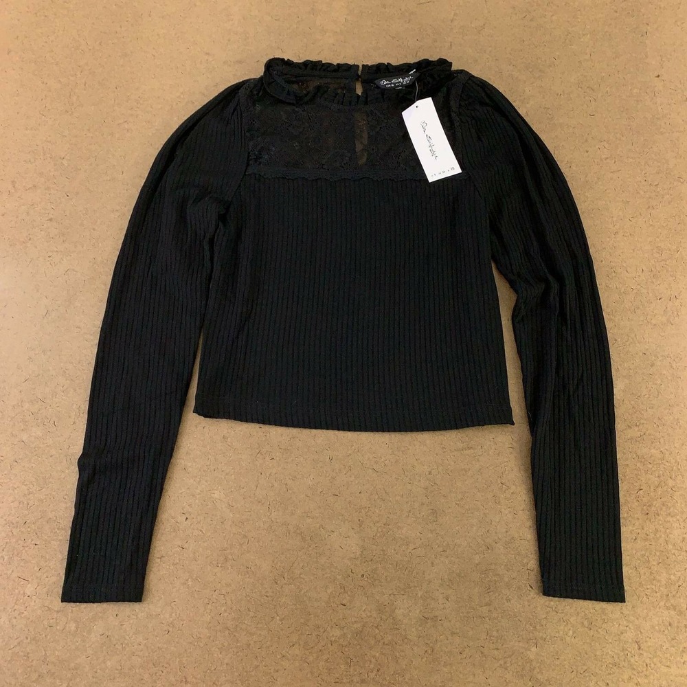 Miss Selfridge Womens Crop Top Black Long Sleeve Button Lace Ruffles 6 New